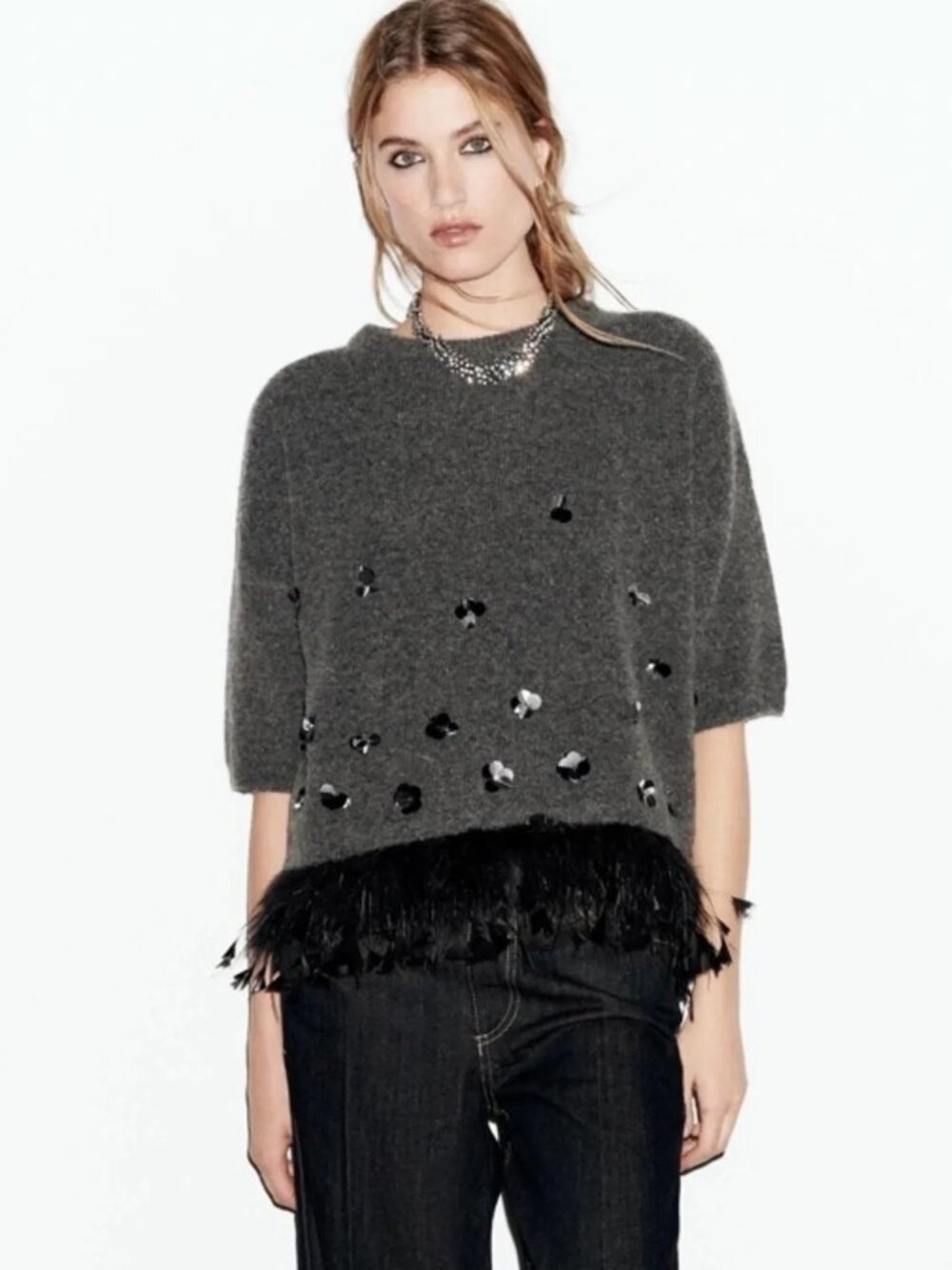 NWT ZARA womens SWEATER gray FEATHERS black WOOL alpaca SIZE L/XL